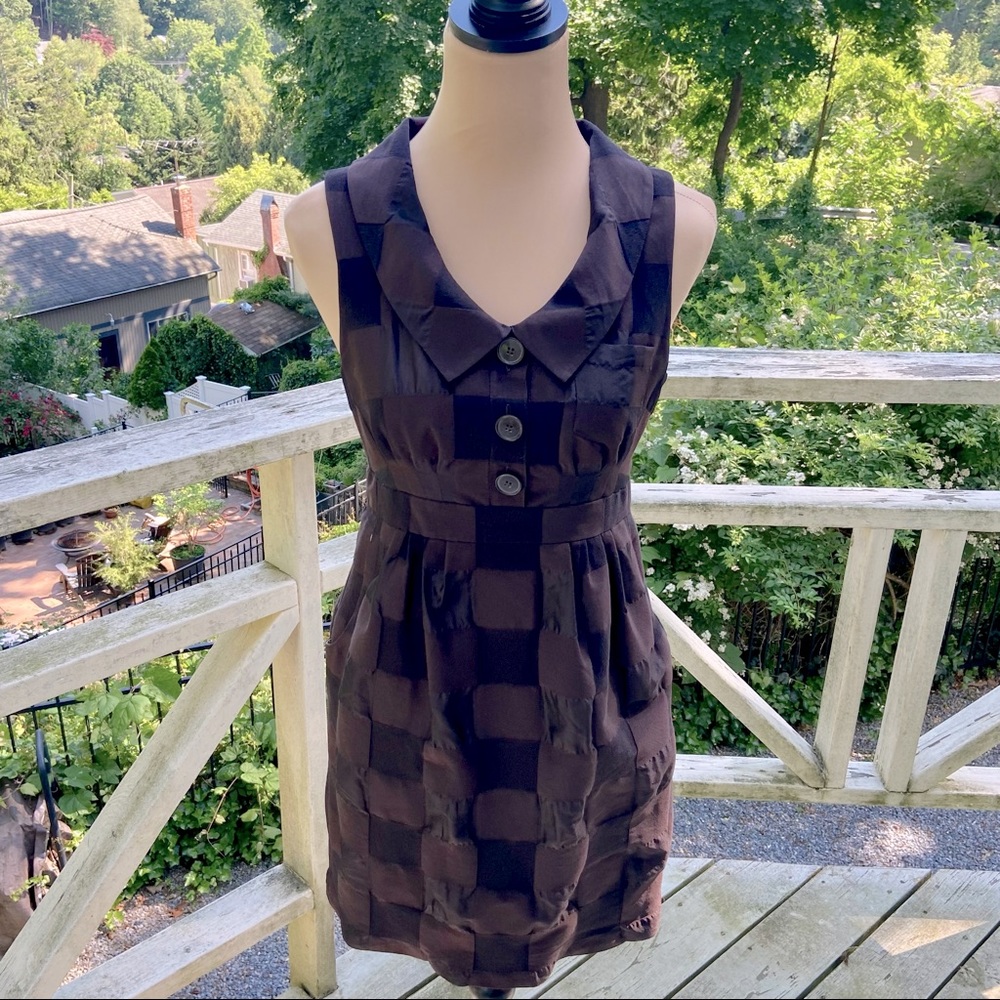 Retro Cocktail Tonal Check Chocolate Brown Mini Dress Size 4